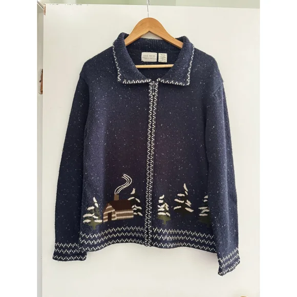Vintage Knit Cabin Lodge Zip Cardigan Alpine Winter Sweater - Picture 2 of 12
